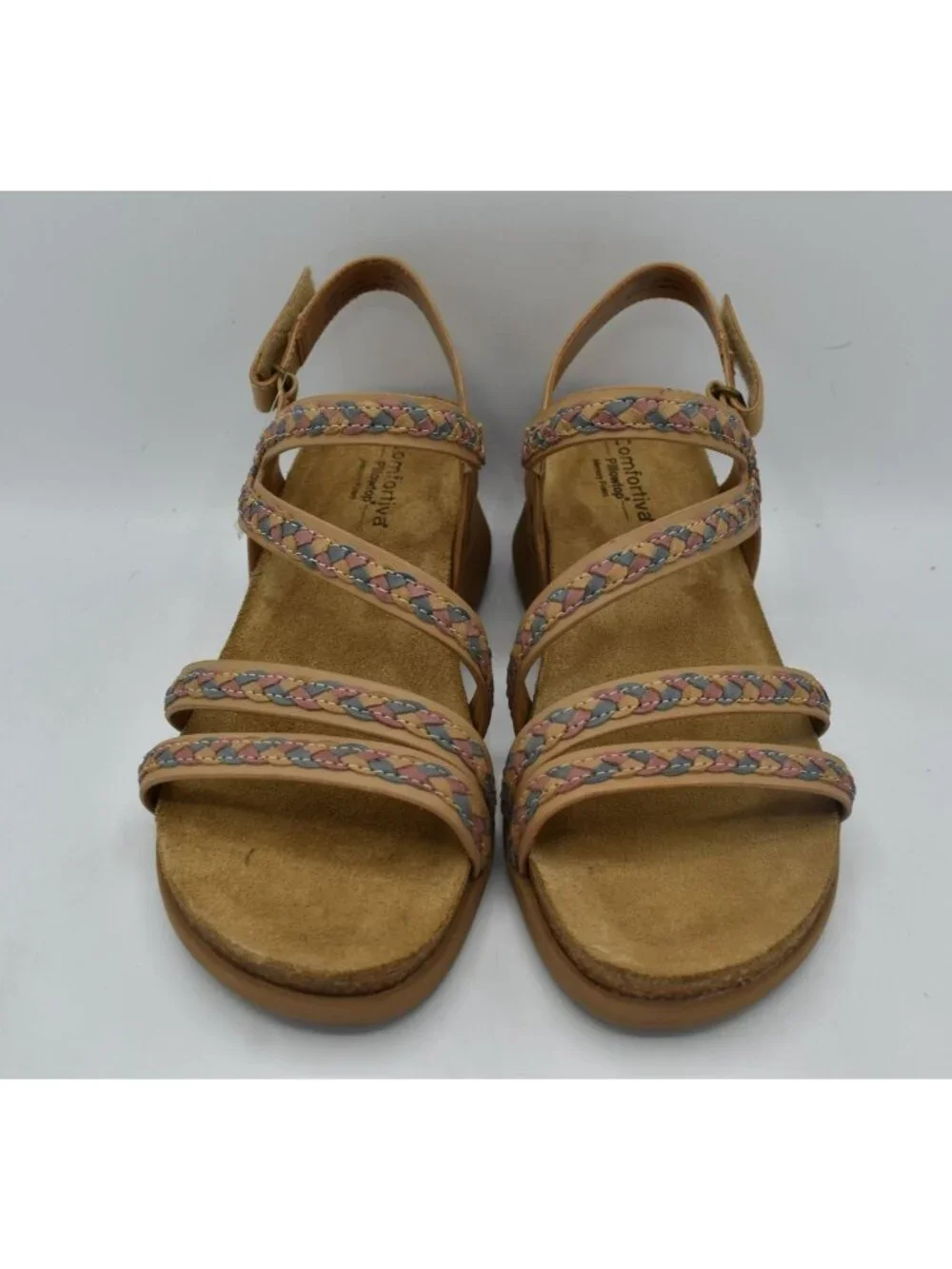 Comfortiva Women 9.5‎ Silvia Caramel Multi Color Leather Wedge Strappy Sandals